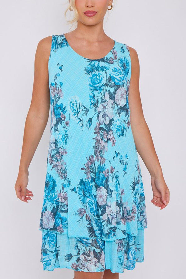 Rose Flower Print Layered Hem Cotton Dress