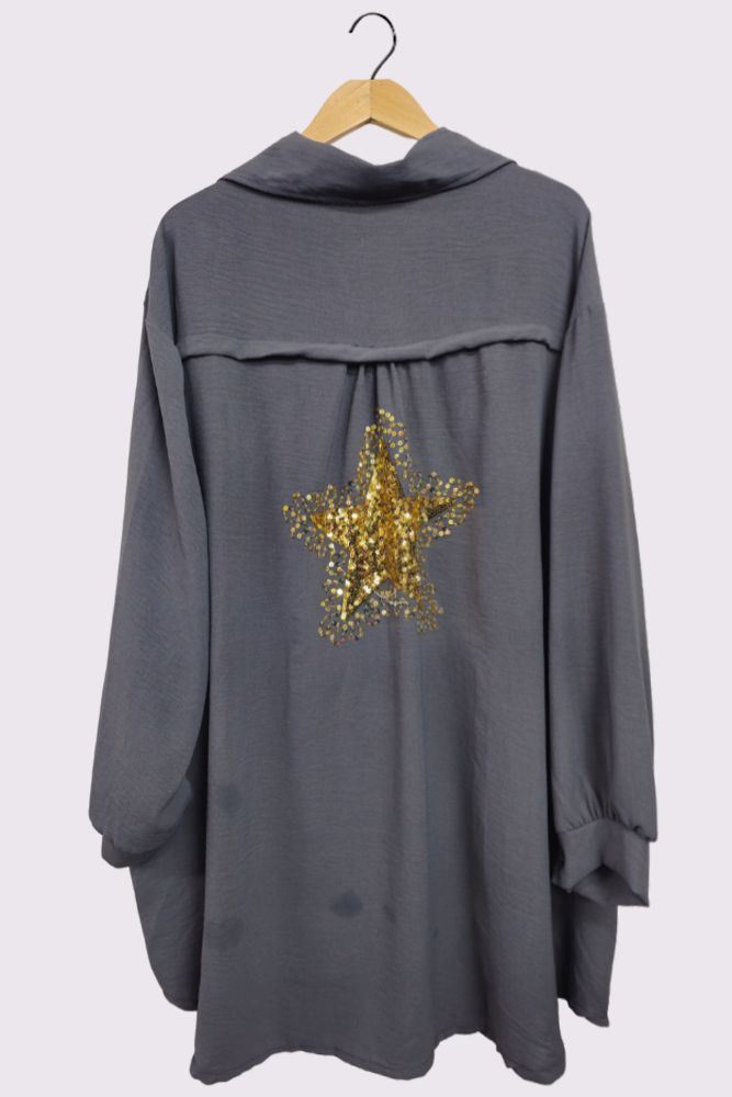 Sequin Star Back Button Closure Curved Hem Shirt