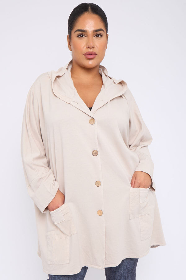 Plain Button Up Pockets Cotton Hoody