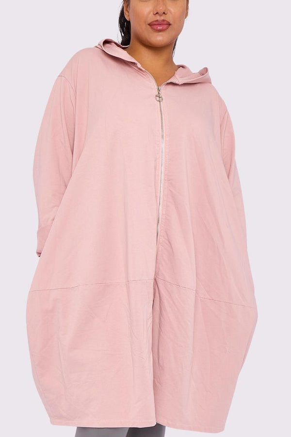 Plain Tiered Longline Zip Up Cotton Hoody