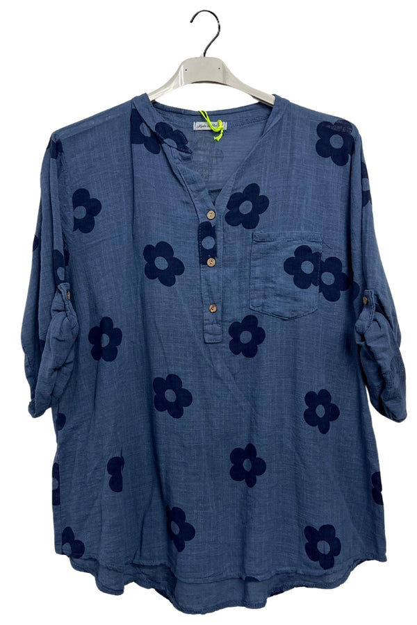 Floral Print Single Chest Pocket Cotton Top