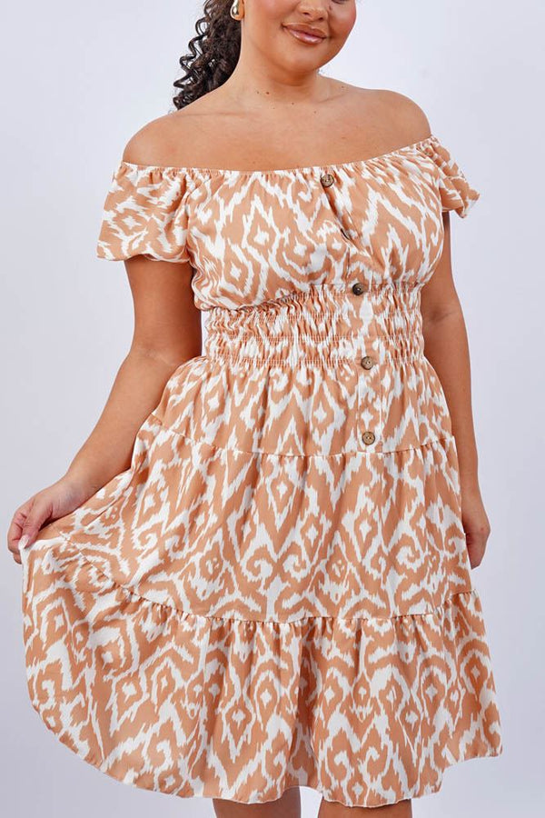 Aztec Print Shirred Waist Tiered Dress