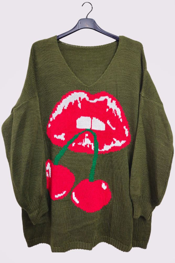 Cherry Lips Pattern Knitted Cuffed Sleeve Jumper