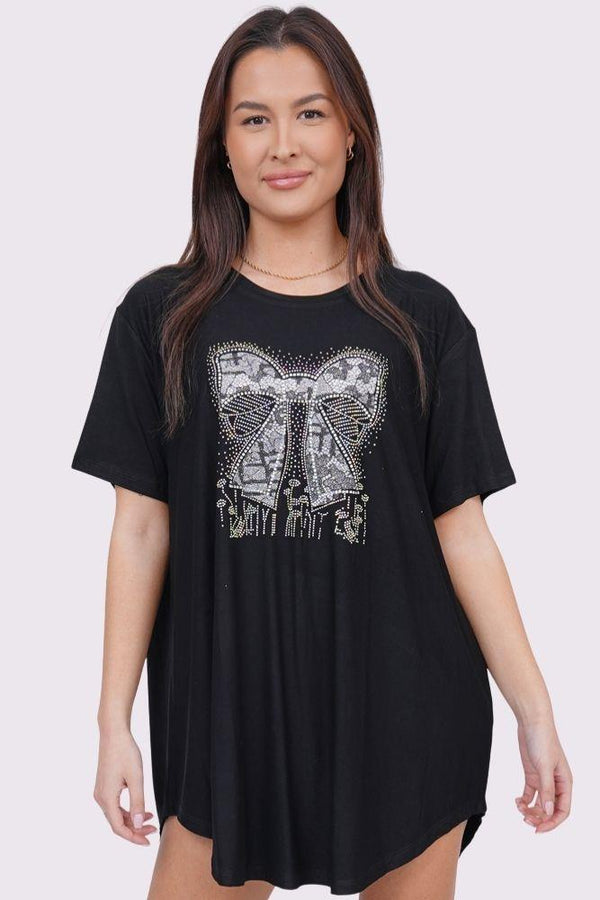 Diamante Bow Pattern Round Hem Top