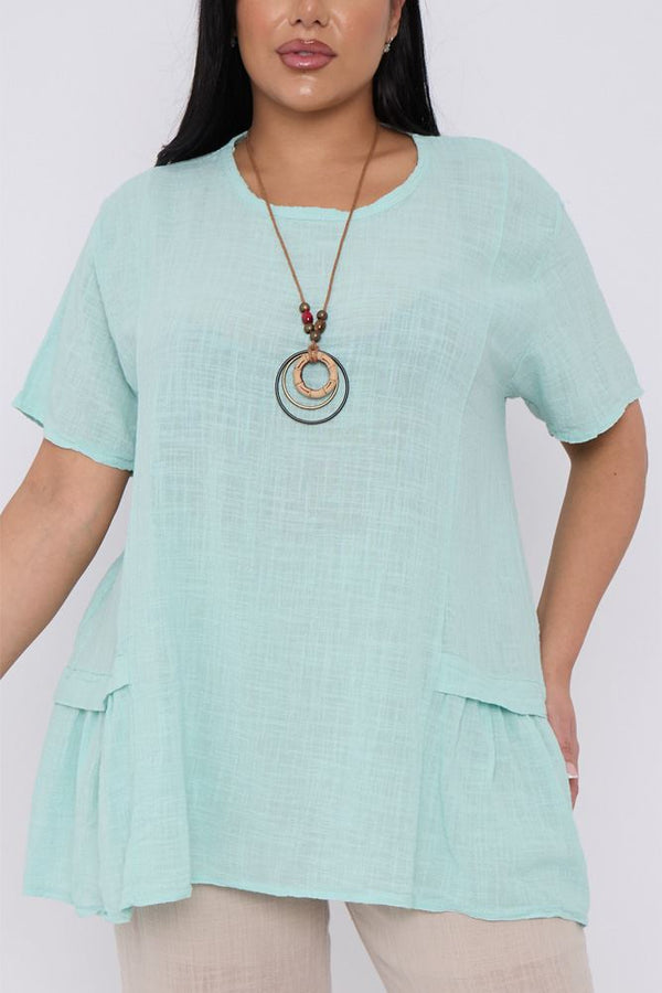 Plain Side Pleated Cotton Necklace Top