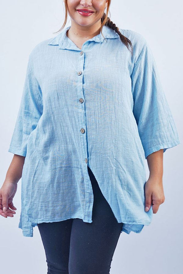 Plain Button Up Dipped Hem Shirt