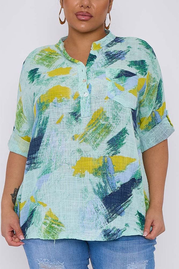 Abstract Brush Strokes Print Pocket Cotton Top