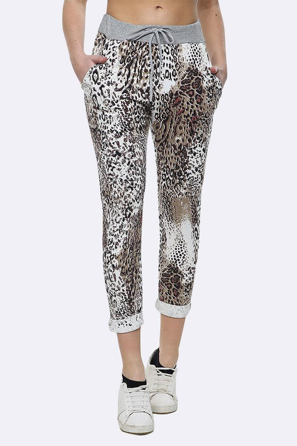 Cheetah Print Foldover Hem Cotton Trouser