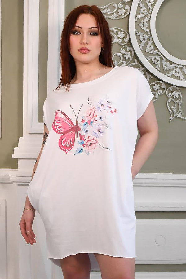 Butterfly Print Cotton Dipped Hem Top