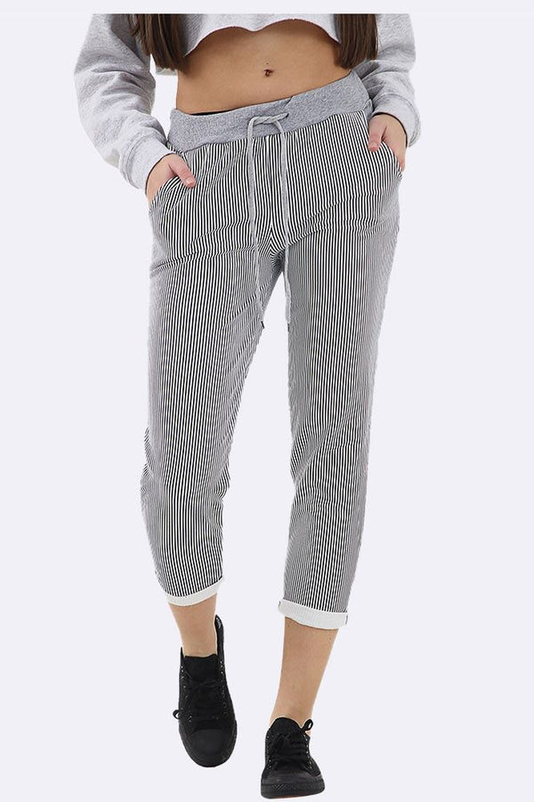 Stripe Print Foldover Hem Lined Trouser