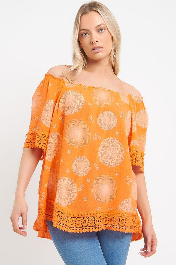 Bardot Style Abstract Print Cotton Top