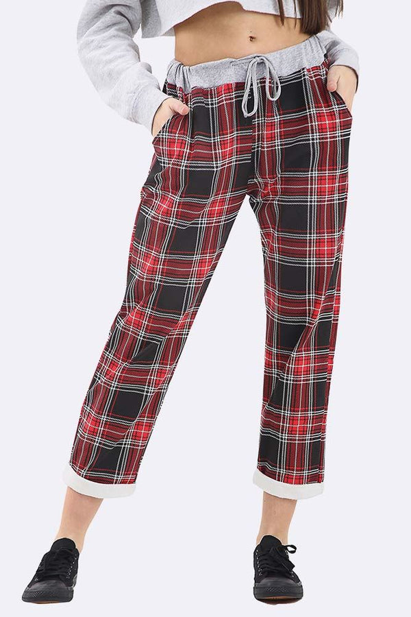 Tartan Print Foldover Hem Lined Trouser