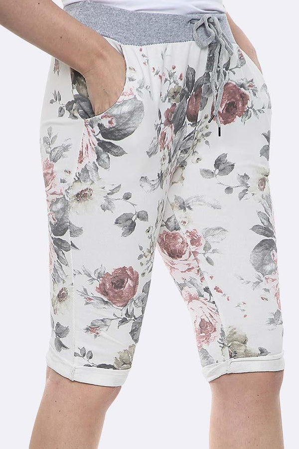 Italian Floral Print Drawstring 3/4 Trouser