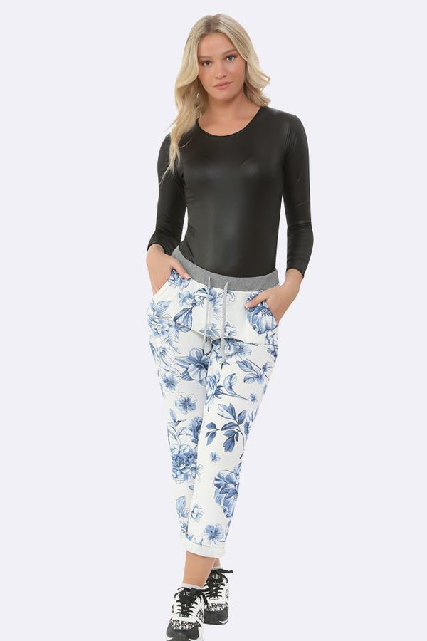 Blue Rose Print Pocket Trousers