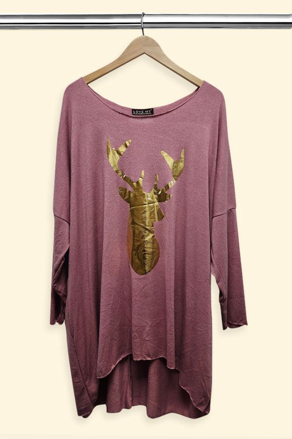 Gold Foil Reindeer Print Dip Hem Top