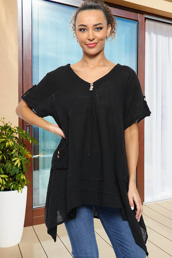 Asymmetric Hem Short Button Up Sleeves Top