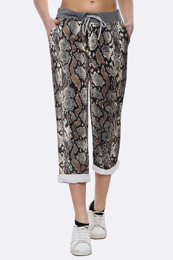 Snake Print Foldover Hem Cotton Lined Trouser