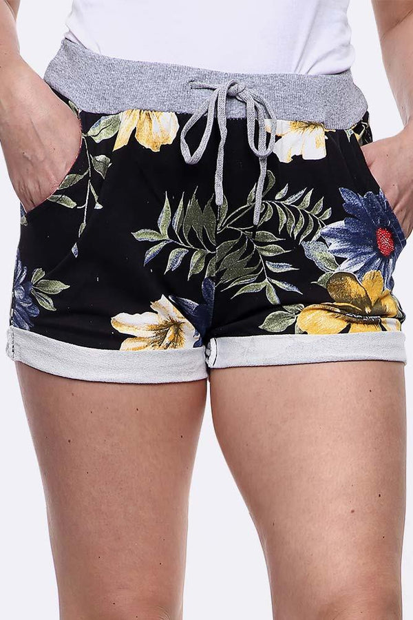 Big Rose Print Drawstring Shorts