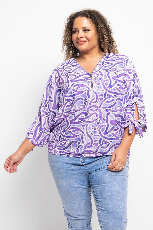 Abstract Print Zipper Neckline Top