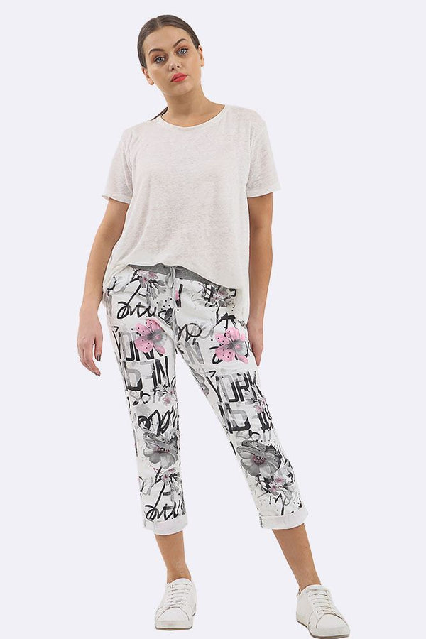 Floral Printed Drawstring Foldover Hem Trouser