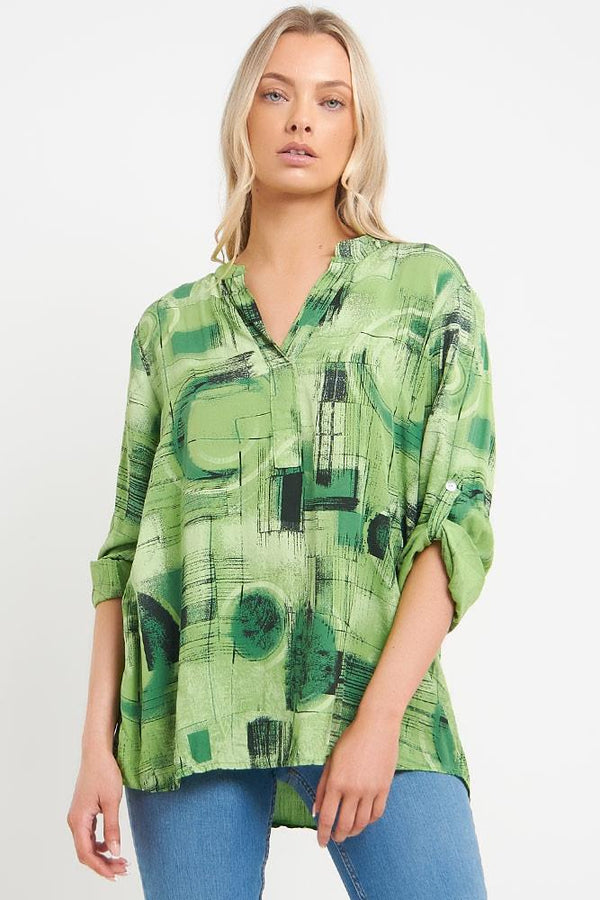 Brush Stroke Pattern Dip Hem V-Neck Top