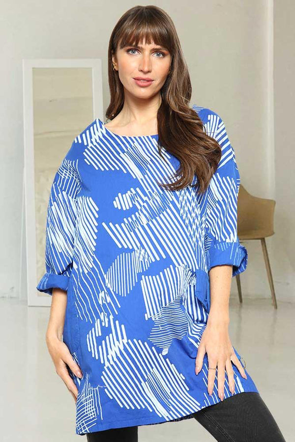 Abstract Lines Print Pocket Cotton Baggy Top