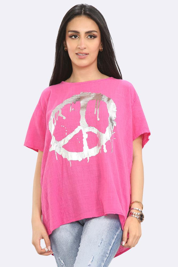 Boxy Metalic Peace Motif Top